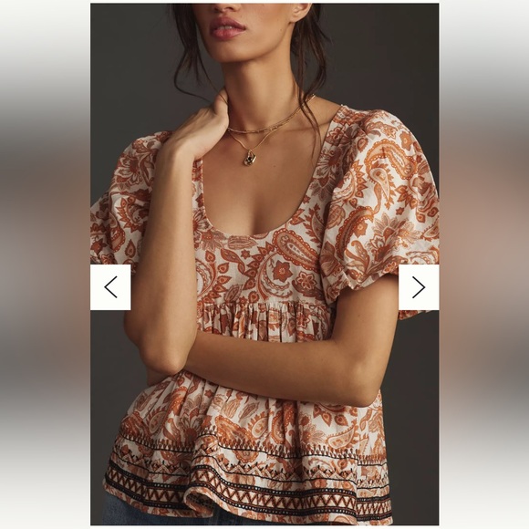 By Anthropologie Puff-Sleeve Babydoll Blouse in Orange Motif, Size Medium, NWOT - Picture 16 of 17
